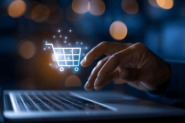 Finger tippt auf Laptop - Online Shop eröffnen